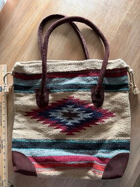 Boho Woven Aztec Tote Bag in Cream and Burgundy